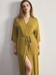 Ocili Comfortable Soft Minimalist Long Sleeve Plus Size Robe - Mustard Yellow - View 7