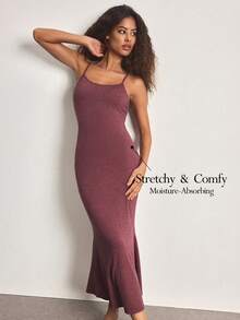 Ocili Comfortable Soft Minimalist Fitted Bamboo Knit Slip Dress, Women Loungewear - Burgundy - View 1