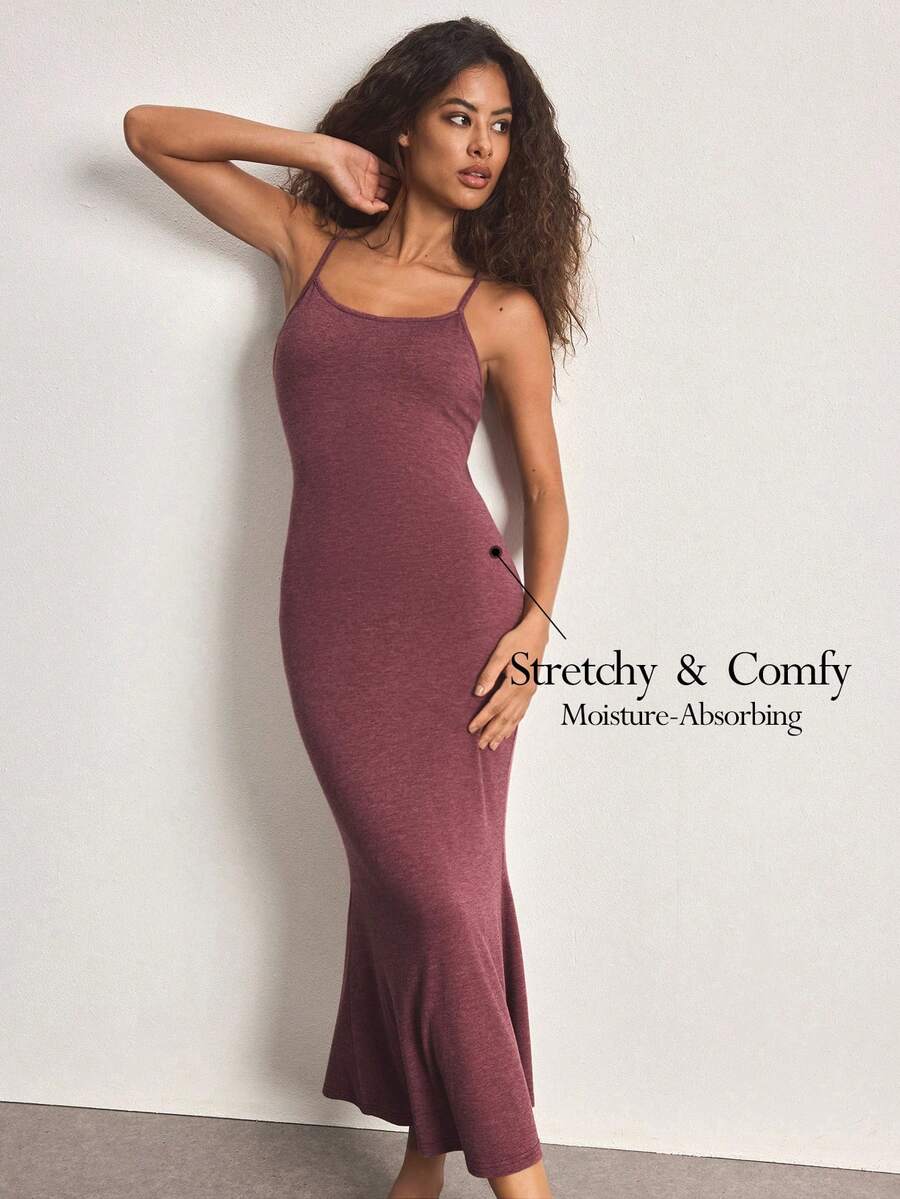 Ocili Comfortable Soft Minimalist Fitted Bamboo Knit Slip Dress, Women Loungewear - Burgundy - View 1