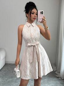 Vestido corto sin mangas con estampado floral y cinturón, adecuado para vacaciones de verano OPML - Multicolor 4 - Ver 5