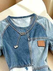 Franclia 女士时尚百搭牛仔印花拼接圆领短袖连衣裙 - 彩色 - 查看 3