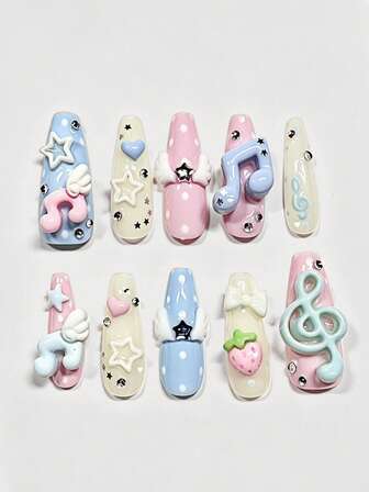 Kawaii Punte di unghie finte fatte a mano con bordi in pizzo, stile romantico a forma di cuore, fiocco da ballerina, ali bianche, nota musicale in metallo, serie rosa, indossate da ragazze energiche, prodotte in serie