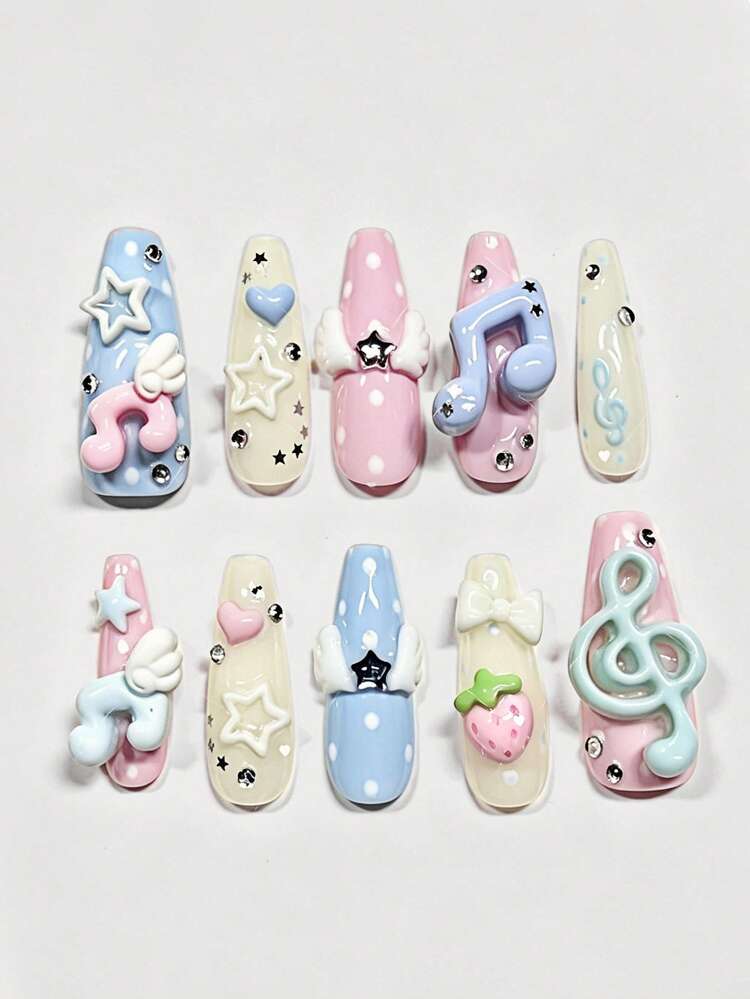 ROMWE Kawaii Cute Lace Edged Romantic Heart Ballerina Style Bow White Wings Metal Music Note Pink Series Handmade False Nail Tips,Mass Produced Energetic Girl Wear - Blue pink note - View 1