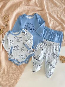 4pcs/Set Newborn Baby Spring/Summer Snug Fit Pajama Set With Cute Elephant Pattern Design, Soft Skin-Friendly Fabric, Comfortable Home Wear For Kids' - Multicolor - View 3
