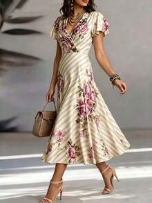 SHEIN Clasi CURVE Plus Size French Vintage Elegant Beige Print Satin Dress, Tummy Control Ruched V-Neck Short Sleeve Tea Dress Vacation Summer - Multicolor - View 3