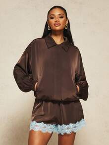 MISSGUIDED Jaqueta bomber de cetim X Carli Bybel com punhos e cintura canelados, gola com colarinho, corte oversized, casaco leve - Castanho Café - Ver 5
