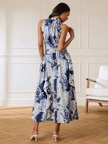 Lilora Women's Elegant Romantic Floral Halter Neck Midi Dress High-End Versatile Casual Mother Of The Bride Party Summer Wedding Navy Blue Floral - Multicolor - View 3