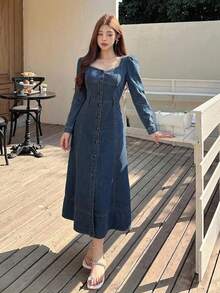 DAZY 女款方領泡泡袖水洗鈕扣開襟牛仔洋裝 - 藍色 - 查看 3