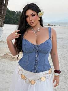 Dazy Plus Washed Blue Stretch Fitted Minimalist Sexy Sexy Vacation Style Denim Vest Denim Top Plus Size Women Spring Summer - Light Wash - View 8