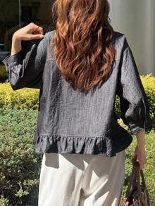 FRIFUL Women's 3/4 Sleeve Single-Breasted Ruffle Hem Pocket Shirt - Navy Blue - View 5