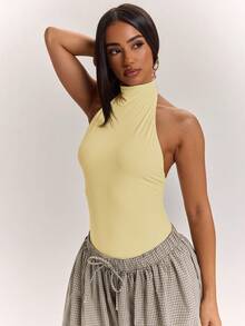 SHEIN BAE Women's Solid Color Halter Neck Backless Fitted Versatile Daily Outing Bodysuit - Yellow - View 3