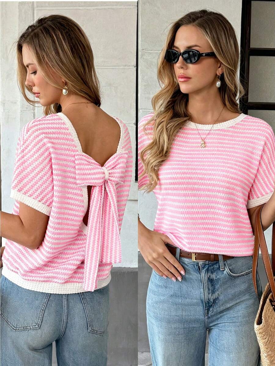 SHEIN PariChic Women's New Round Neck Short Sleeve Back Bow Striped Top, Suitable For Travel, Shopping And Dating Outfits - Pink - View 1