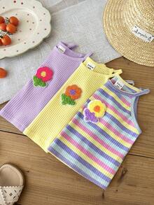 SHEIN LMoss Kids Conjunto de 3 piezas para bebé niña, top de punto color liso con patchwork floral 3D y rayas - Púrpura malva - Ver 7