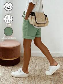 SHEIN Holidaya 女款夏季新款亞麻度假休閒風卡其色抽繩捲邊短褲，採用亞麻紋理面料製成，搭配彈性腰抽繩設計與捲邊細節，兼具隨性舒適與俐落優雅，適合日常出遊、度假或輕便休閒場合，是休閒抽繩短褲、卡其優雅長褲、寬鬆顯瘦褲類中的百搭單品 - 薄荷綠 - 查看 6