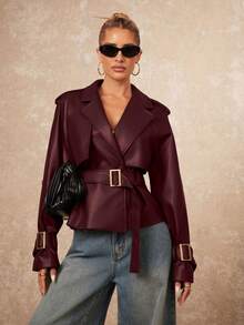 Lumalex Women's Solid Color Lapel NeckRaglan Sleeve Casual Trench Coat Jacket - Burgundy - View 3