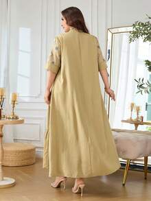 Al Najma Embroidered Pattern 3/4 Sleeve Loose Elegant Flared Hem Comfortable Daily Elegant Traditional Plus Size Women's Turkish Long Shirt Arabic Traditional Long Shirt - Mustard Yellow - View 2
