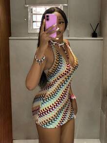 SHEIN Unity 女士彩色条纹度假风不对称肩部修身迷你连衣裙 - 彩色 - 查看 6