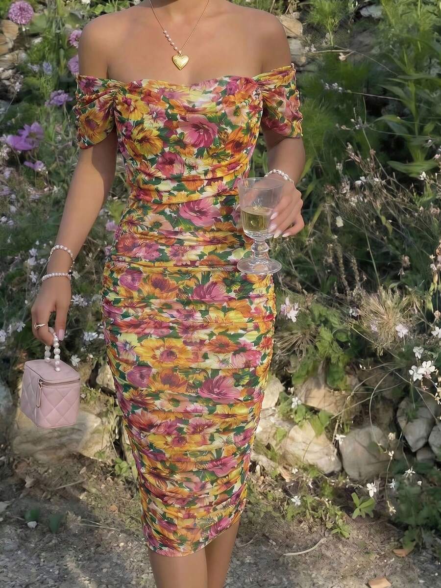 SHEIN MOD 女款粉色花卉露肩修身長洋裝,春夏約會度假園遊派對婚禮季賓客下午茶性感風 - 淡黃色 - 查看 1