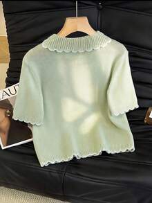 SHEIN Raffinéa Sage Green,Summer,Elegant,Date Women Ruffled Trim Short-Sleeved Cardigan Knit Top,Simple Vintage Style Loose-Fitting Short-Length Business Commuting - Mint Green - View 3