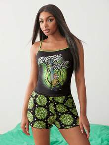 Rick and Morty X SHEIN 女款字母卡通印花細肩帶上衣與短褲休閒日常居家睡衣套裝 - 黑色 - 查看 4