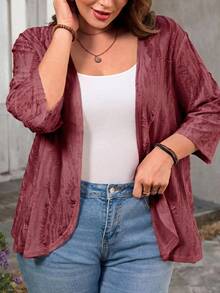 EMERY ROSE Plus Size Vacation Outfits Woman Solid Color Asymmetric Hem Casual Resort CostumeJacket Fall - Burgundy - View 3