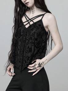 ROMWE Goth 夏季哥德風神秘星月植物圖案 定製燒花布料不對稱下擺寬鬆背心上衣 萬聖節夜店之夜外出穿搭 黑色 - 黑色 - 查看 3