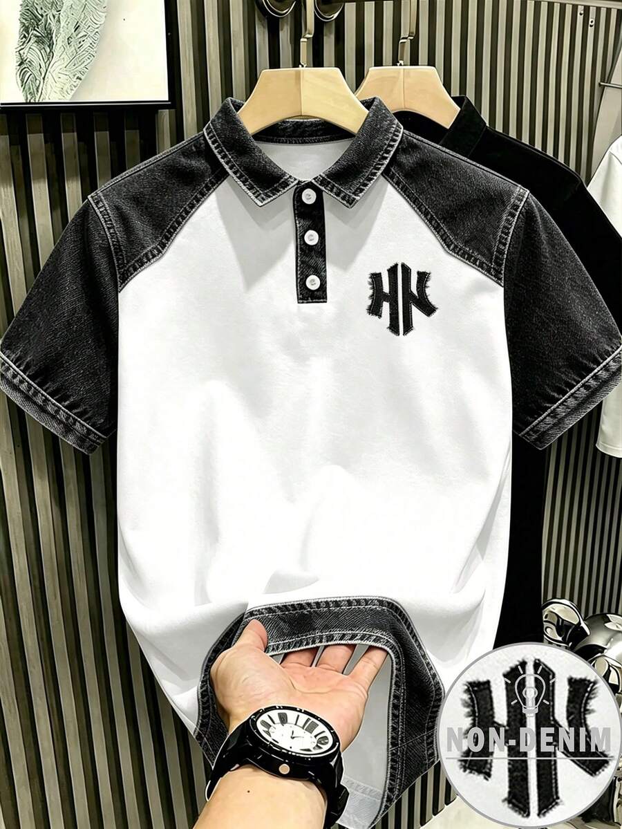 Manfinity Hypemode 美式復古仿丹寧磨損拼接NY字母印花 Polo 衫,成熟休閒上衣,男女款圖案 T-shirt,適合日常通勤與夏季休閒穿著 - 彩色 - 查看 1