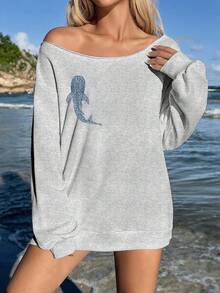 SHEIN CURVE+ Sweatshirt Wanita Ukuran Besar Kasual Minimalis dengan Motif Cetak Bahu Asimetris, Nyaman dan Hangat, Cocok untuk Musim Gugur/Dingin - Grey - View 3