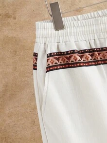 HIMLAND Men's Cream Wide-Leg Pants With Colorful Geometric Woven Stripe Bands. Elastic Drawstring Waist In Lightweight Linen-Blend. Relaxed Resort Style For B - Khaki - View 4