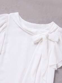 Franclia Casual Solid Color Ruffle Sleeve Short Sleeve Bow Decor Asymmetrical Hem Shirt - White - View 4