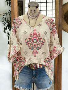 Linhara Blusa informal de talla grande para primavera/verano: Blusa holgada con cuello en V, mangas acampanadas y volantes, estampado de flores de anacardo en bloques de color rojo y verde, estilo bohemio versátil, perfecta para primavera y verano - Multicolor - Ver 3