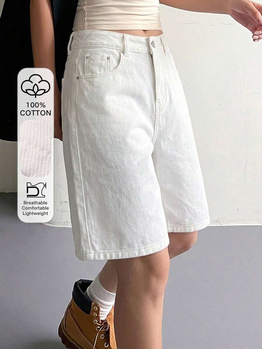 DAZY 女款純色休閒牛仔短褲 夏季 - 白色 - 查看 1