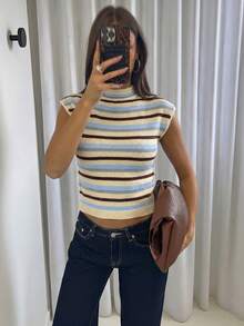 Firerie 女款新款優雅高領寬鬆休閒百搭無袖針織背心，條紋女款無袖毛衣上衣，條紋針織毛衣，條紋針織毛衣，秋冬內搭毛衣，春夏外穿針織毛衣，適合四季，適合外出，秋冬校園上衣 - 彩色 - 查看 8