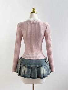 Elamini Cute & Sweet Textured Lace Splice Deep V Slim Fit Long Sleeve T-Shirt, Spring - Pink - View 2