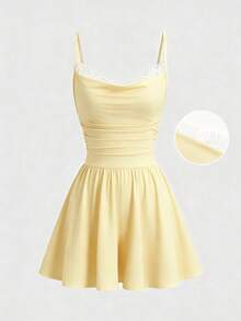SHEIN PariChic Women's New Lace Patchwork Ruffle Neck Waist-Defining A-Line Spaghetti Strap Short Dress - Yellow - View 3