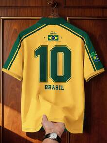 Aesthetic Post 復古美式風格 Polo 衫，綠色夏季休閒高爾夫 Brasil 字樣與五星徽章印花，黃綠對比寬鬆男士圖案 T 恤，足球 - 彩色 - 查看 2