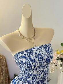 Noixe Women's Vacation Cashew Pattern Fashion Boho Tropical Strapless Short Dress Beach White And Blue Floral Summer - Blue - View 4