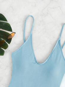 SHEIN Swim 度假海灘純色一件式泳衣 - 淺藍色 - 查看 4