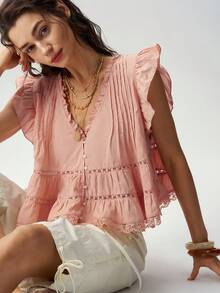 Bohemela Women's Summer Pink Woven Babydoll V-Neck Blouse,Ruffle + Lace Patchwork,Beach/Vacation/Festival/Party,Juneteenth,World Cup - Baby Pink - View 6
