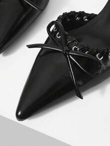Mnmlis Delicate Bow Embellishment, Black Pointed High-Heeled Commuter Women's Shoes - Black - View 4