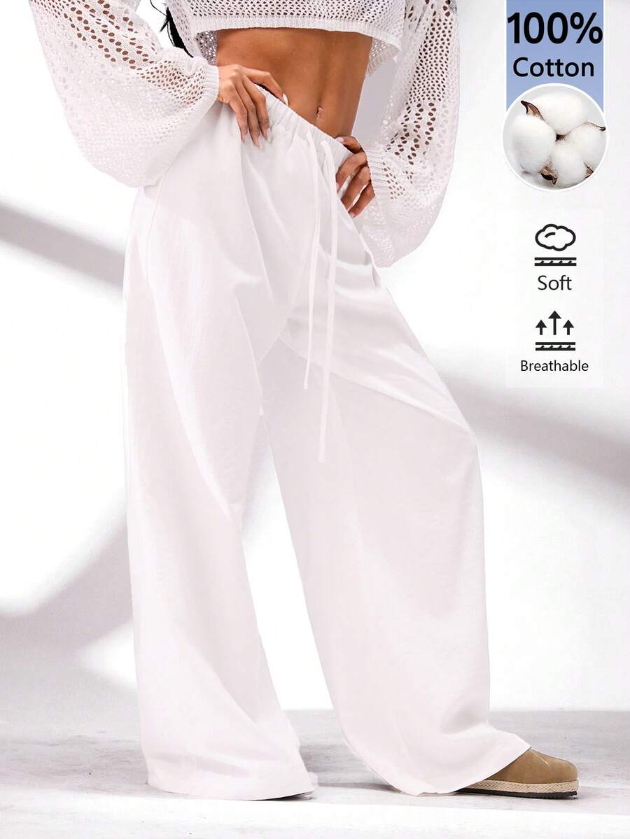 SHEIN BASICS 女款休閒百搭素色寬腿長褲