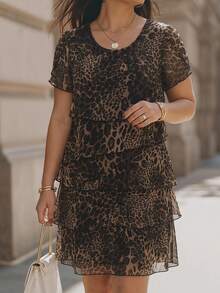 Chikora Plus Size Women's Leopard Print Round Neck Short Sleeve Ruffle Hem Loose Fit Dress - Multicolor - View 8