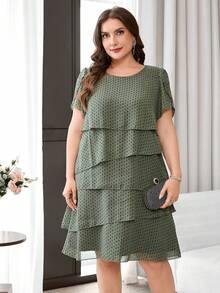 Chikora Vestido holgado de manga corta con pétalos y cuello redondo con lunares para mujer talla grande - Verde - Ver 6