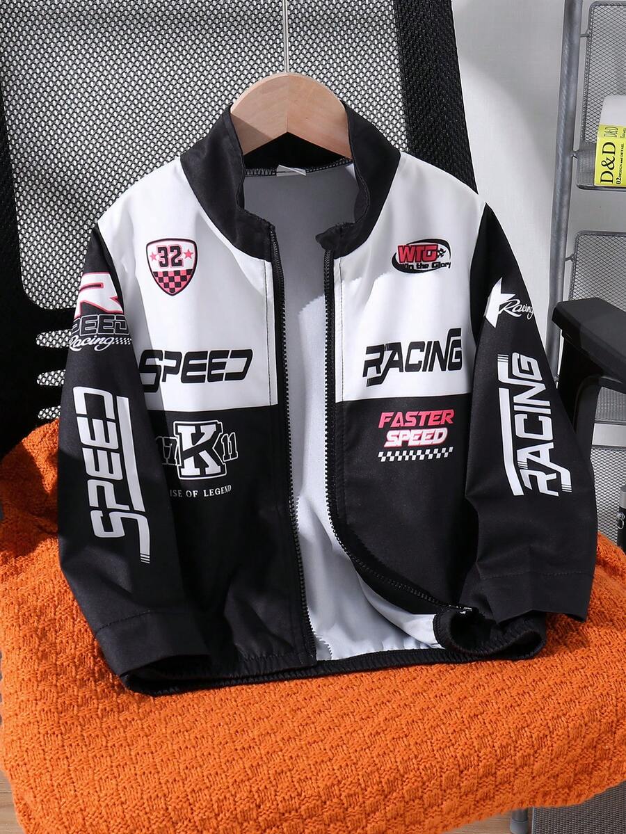 Young Boys 1pc Racing Street Style Letter Print Jacket, Sleeve Button Decor, Baseball Cardigan Jacket, Suitable For Casual, Sports, College Wear, Fashionable, Street Style, Suitable For Outings, Vacations, Photos, Spring/Summer New 2026 Spring/Summer New Fashion - Black - View 1