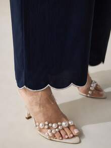 Veilorie Bottom Only(Without Top)Conservative Casual Wave Hem Embroidered Women Pants - Navy Blue - View 4