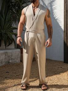 Genlund Mono casual con solapa estilo vacaciones para hombre para primavera/para verano - Caqui - Ver 5
