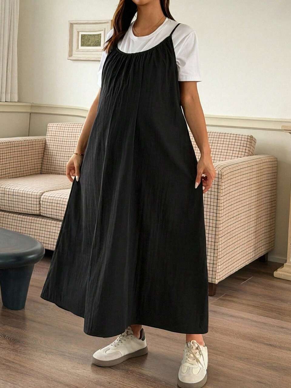 Solid Color Back Bow Tie Strap Layering Slimming Long Dress Maternity Dress
