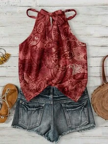 SHEIN LUNE 休閒熱帶極簡度假風波希米亞優雅復古深紅色斑駁做舊印花音樂節海灘女款上衣 - 彩色 - 查看 2