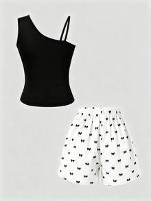 SHEIN Sparklyn 春夏女童2件套服裝組，無袖吊帶上衣 + 黃色短褲，吊帶細肩帶設計，胸前花朵裝飾，清新甜美風格；短褲採用提花面料，搭配珍珠裝飾與藍色緞帶，精緻設計展現童趣魅力，整體甜美可愛，適合日常出遊及其他場合 - 白色 - 查看 2