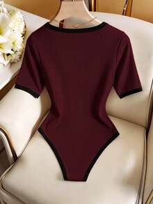 Franclia Women's Solid Color Ribbed Knit V-Neck Short Sleeve Bodysuit - Burgundy - View 2